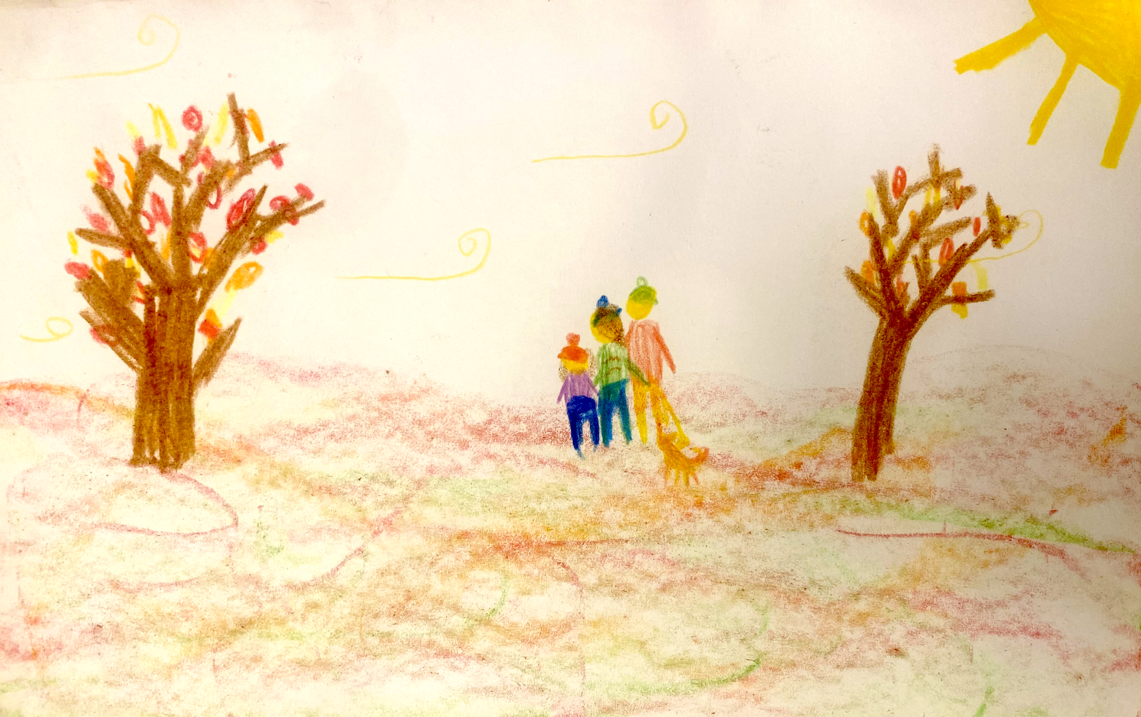 Crayon drawing of a family walking among oak trees